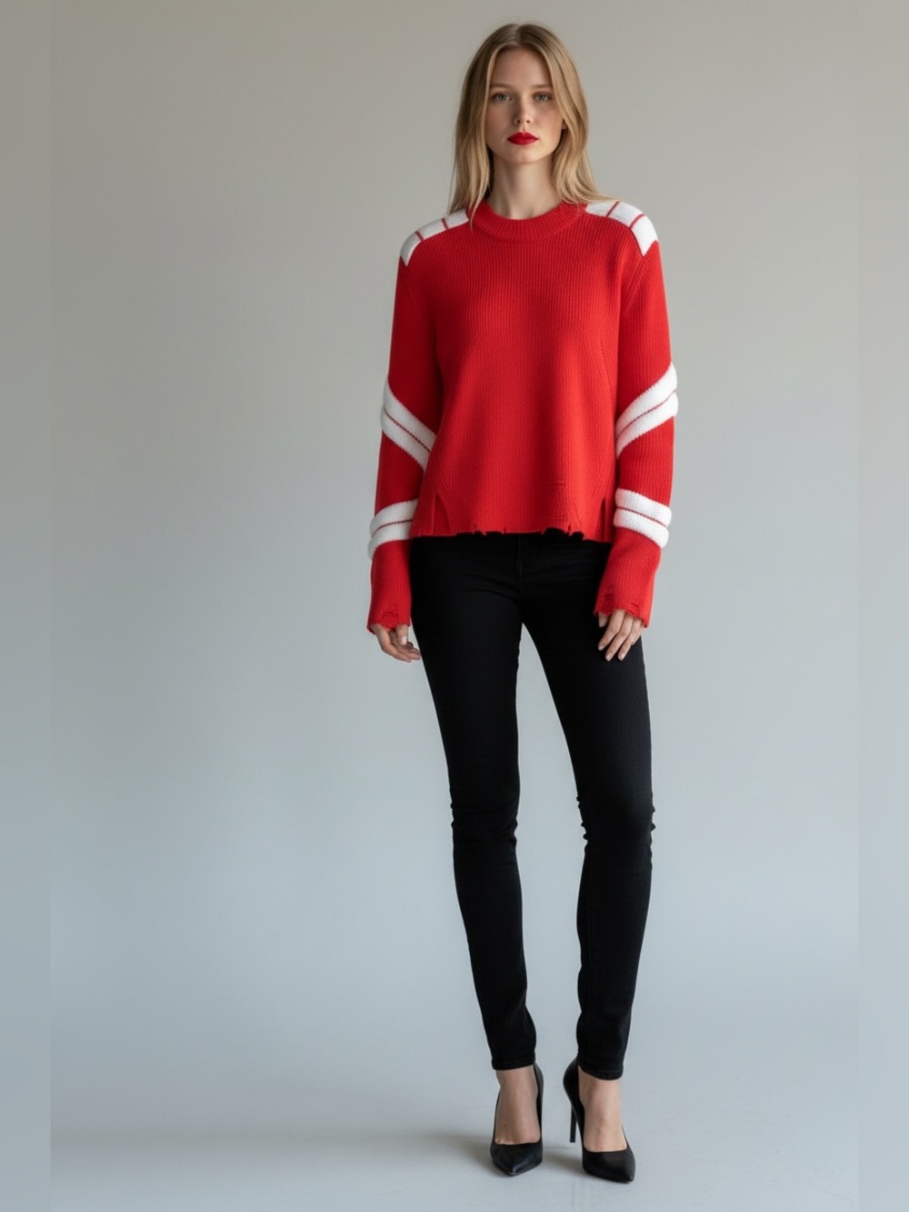 Zadig & Voltaire Red Crewneck Sweater with White Shoulder and Sleeve Stripes